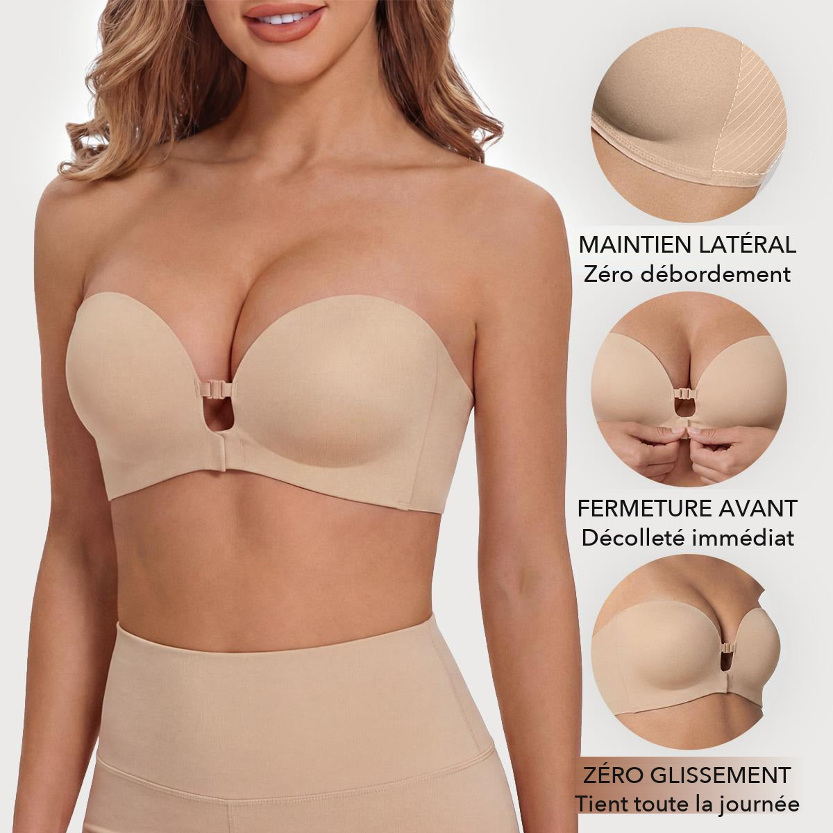Soutien-gorge push-up sans bretelles Glessea : maintien latéral, fermeture avant, zéro glissement