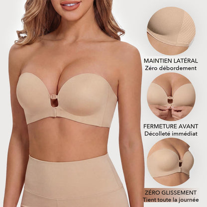 Soutien-gorge push-up sans bretelles Glessea : maintien latéral, fermeture avant, zéro glissement